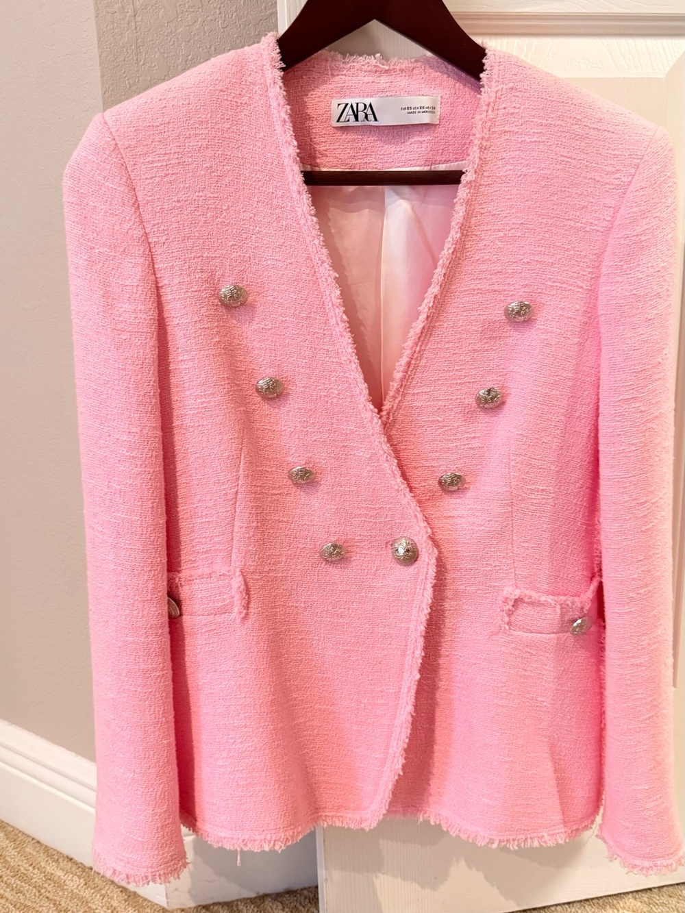 Zara Pastel Pink Double-Breasted Tweed Blazer
